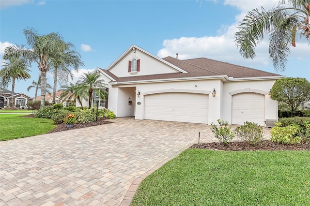 view of front facade featuring a front yard and a garage