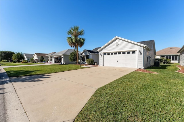 ranch-style house with central AC, a garage, and a front lawn