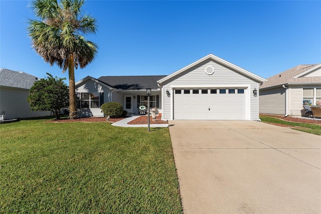 ranch-style home with a front yard and a garage