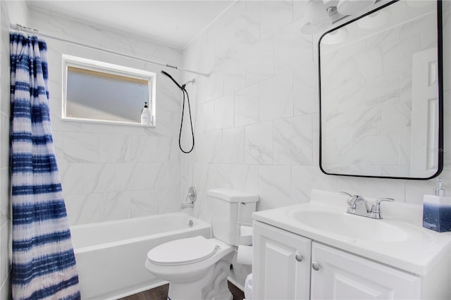 full bathroom featuring vanity, toilet, tile walls, and shower / bath combination with curtain