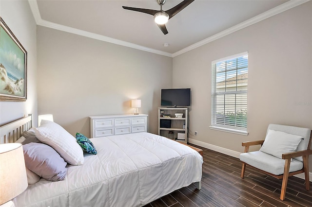 bedroom featuring a ceiling fan, baseboards, dark wood-style floors, and ornamental molding