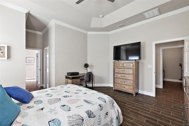 bedroom with ceiling fan, crown molding, and dark hardwood / wood-style flooring