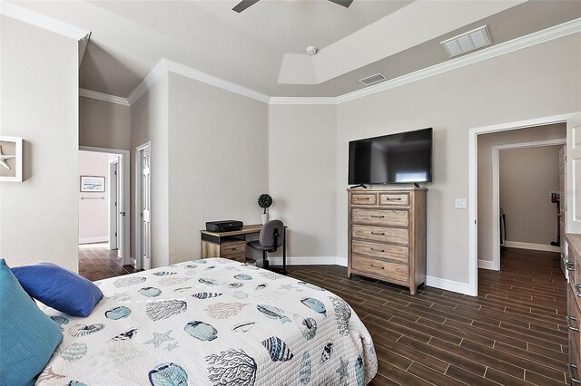 bedroom with visible vents, ornamental molding, baseboards, and dark wood-type flooring