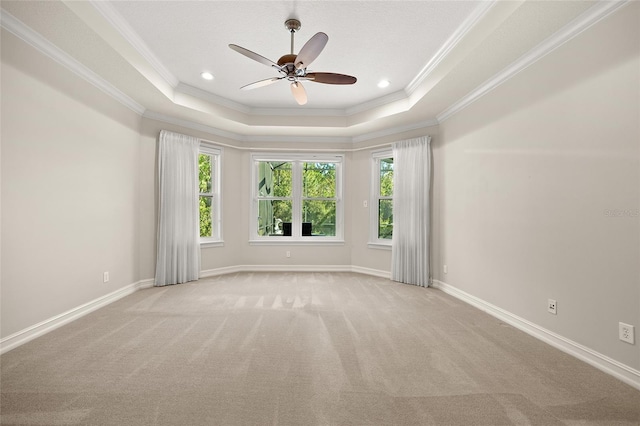 empty room with a tray ceiling, baseboards, light carpet, and crown molding