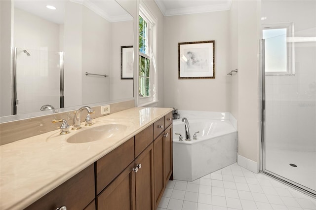 bathroom featuring a stall shower, a healthy amount of sunlight, and ornamental molding