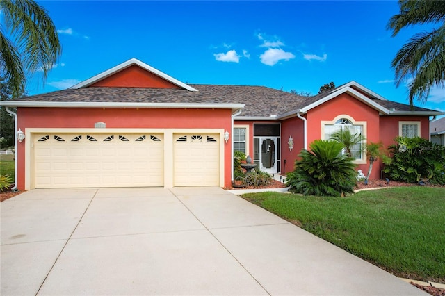 single story home featuring stucco siding, a shingled roof, a garage, driveway, and a front lawn