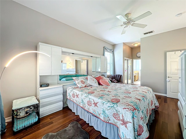 bedroom featuring dark wood-type flooring and ceiling fan