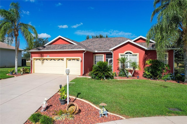 single story home with a garage, a front yard, driveway, and stucco siding