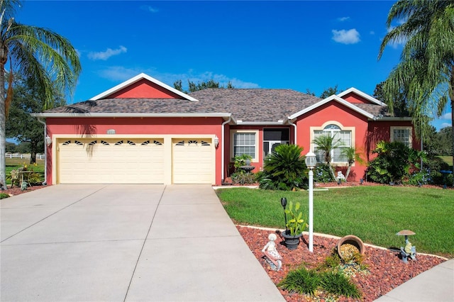 ranch-style home featuring a garage, concrete driveway, a front lawn, and stucco siding