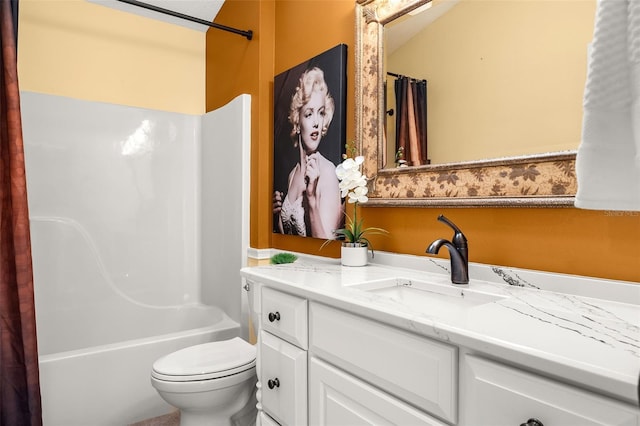 full bathroom with vanity, toilet, and shower / bathtub combination with curtain