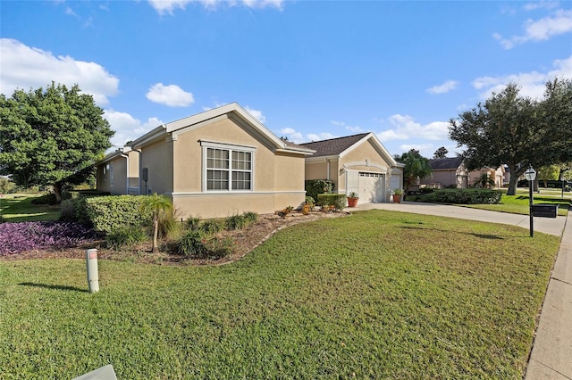 single story home with a front lawn and a garage