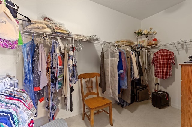 spacious closet featuring light colored carpet