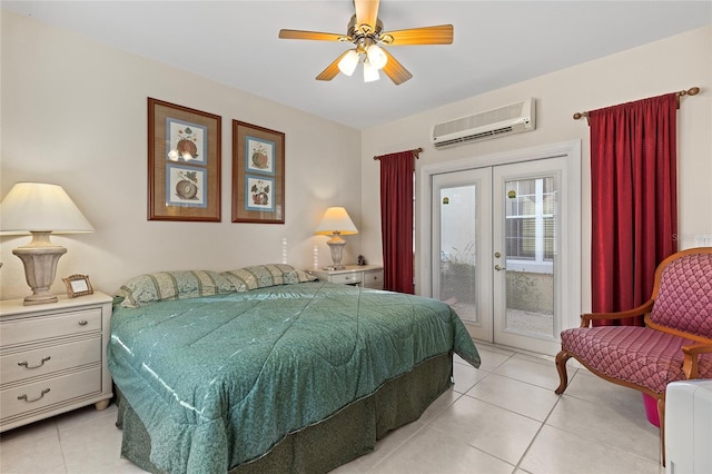 tiled bedroom with access to exterior, french doors, an AC wall unit, and ceiling fan