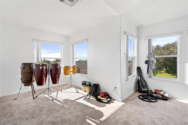 exercise room with light carpet and a healthy amount of sunlight