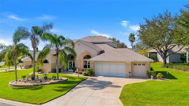 view of front of house with a front lawn and a garage