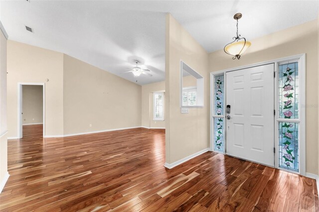 entrance foyer with wood-type flooring and ceiling fan