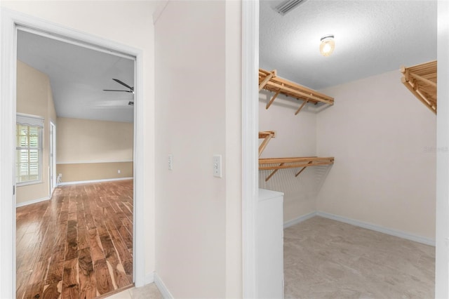 walk in closet featuring light hardwood / wood-style floors and ceiling fan