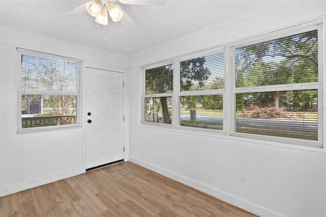 entryway with light hardwood / wood-style flooring, ceiling fan, and plenty of natural light