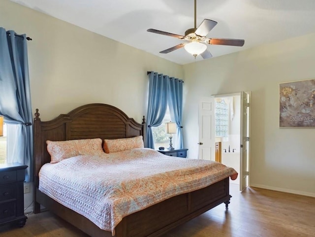 bedroom with ceiling fan and wood-type flooring