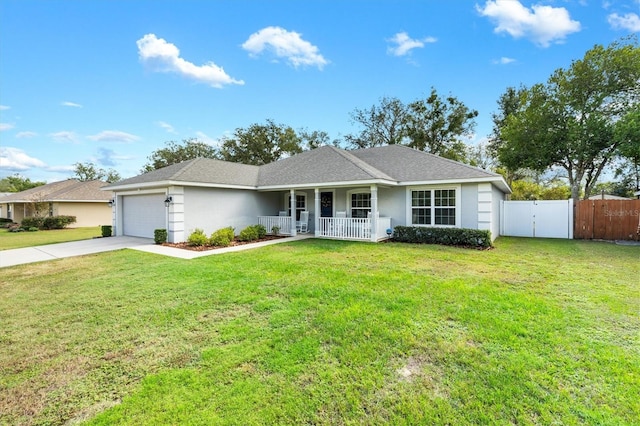 ranch-style home featuring a front yard, a garage, and covered porch