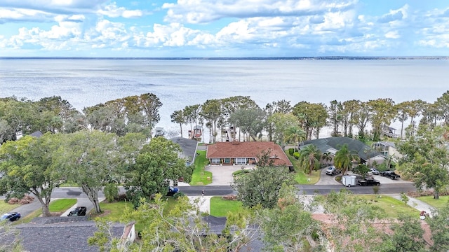 drone / aerial view with a water view