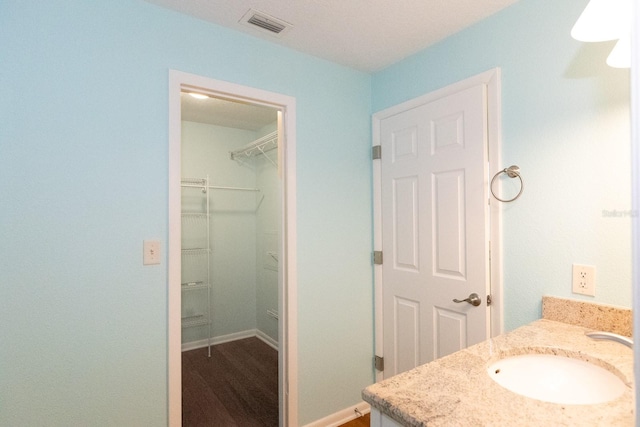 bathroom with wood-type flooring and vanity