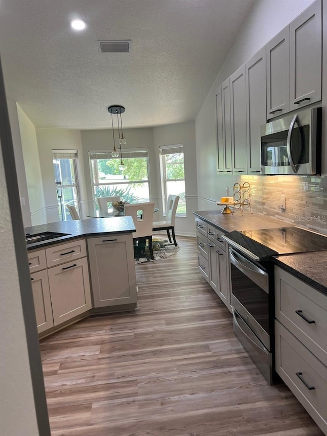 kitchen featuring stainless steel appliances, light hardwood / wood-style floors, pendant lighting, and gray cabinets