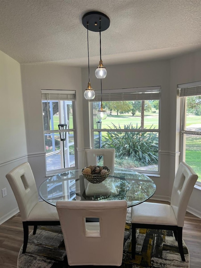 dining space with a textured ceiling and dark hardwood / wood-style floors