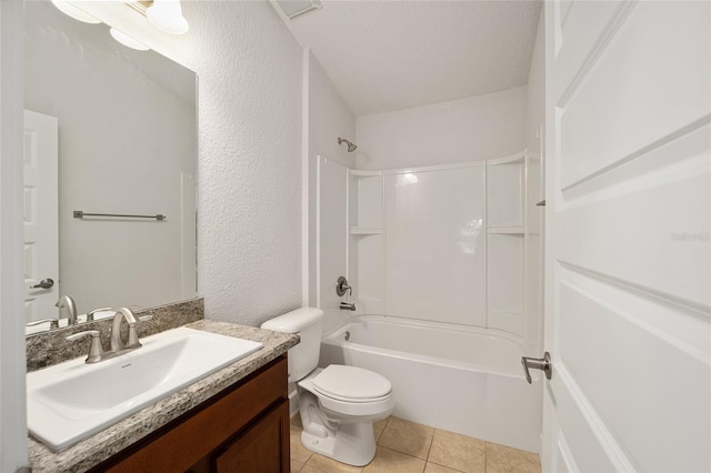 full bathroom with a textured ceiling, toilet, vanity, tile patterned flooring, and shower / bathtub combination