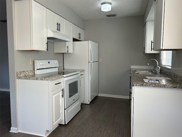 kitchen with sink, electric stove, a textured ceiling, white cabinets, and dark hardwood / wood-style floors