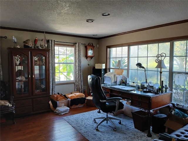 office space with hardwood / wood-style flooring, ornamental molding, and a textured ceiling