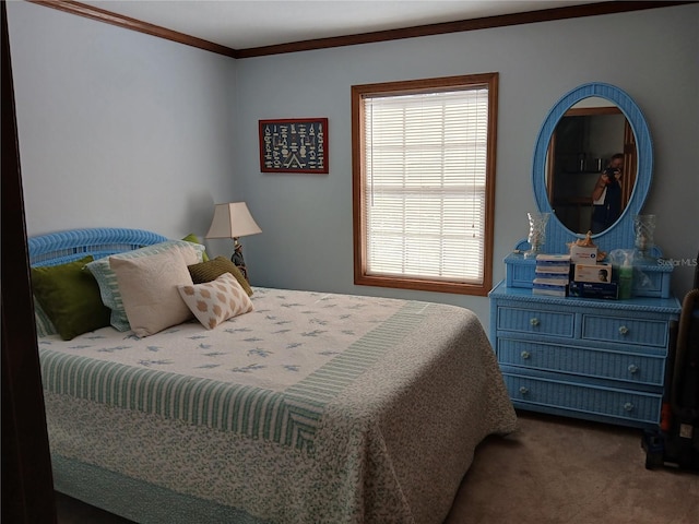 bedroom featuring carpet and crown molding