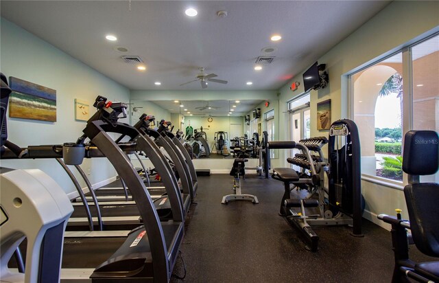 4088 Kingsley St, Clermont, FL 34711 - gym featuring visible vents, baseboards, a ceiling fan, and recessed lighting