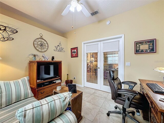 4088 Kingsley St, Clermont, FL 34711 - home office with light tile patterned floors, visible vents, french doors, and ceiling fan