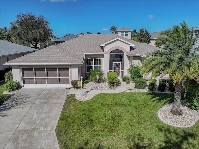 ranch-style home featuring a front lawn and a garage