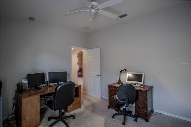 office featuring light colored carpet and ceiling fan