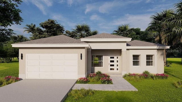 view of front of property with a front yard and a garage