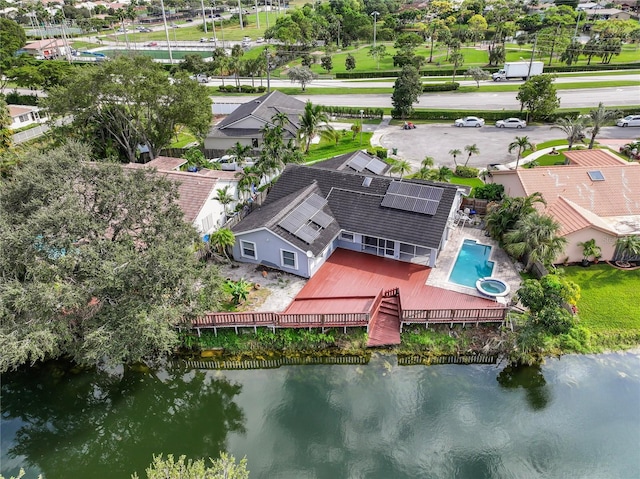 drone / aerial view featuring a water view