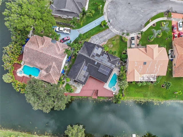 aerial view featuring a water view