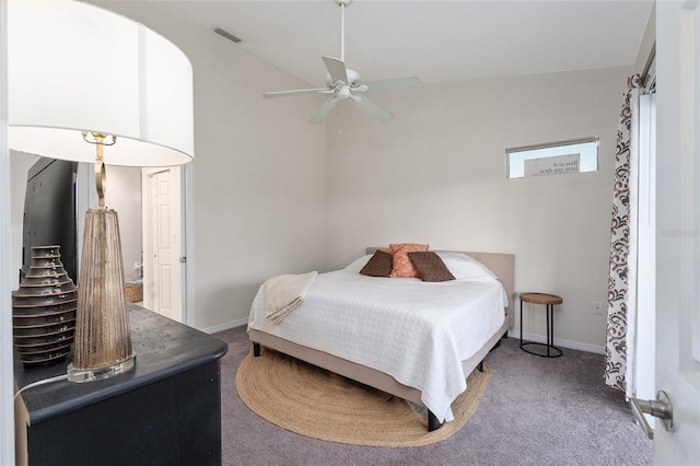 bedroom featuring ceiling fan and carpet