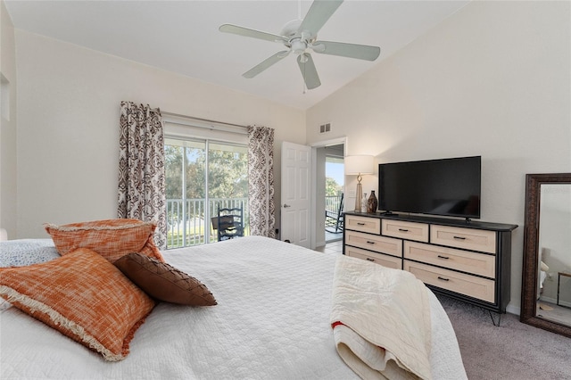 carpeted bedroom featuring access to exterior, high vaulted ceiling, and ceiling fan