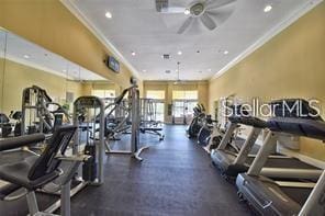 gym with crown molding and ceiling fan