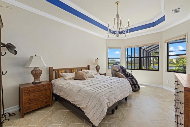 tiled bedroom with ornamental molding, multiple windows, and an inviting chandelier