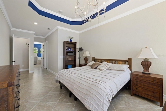 tiled bedroom with a notable chandelier and ornamental molding