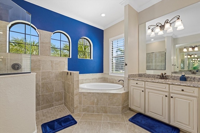 bathroom with vanity, crown molding, independent shower and bath, and tile patterned flooring