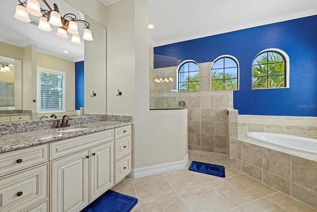 bathroom with vanity, plus walk in shower, tile patterned flooring, and plenty of natural light