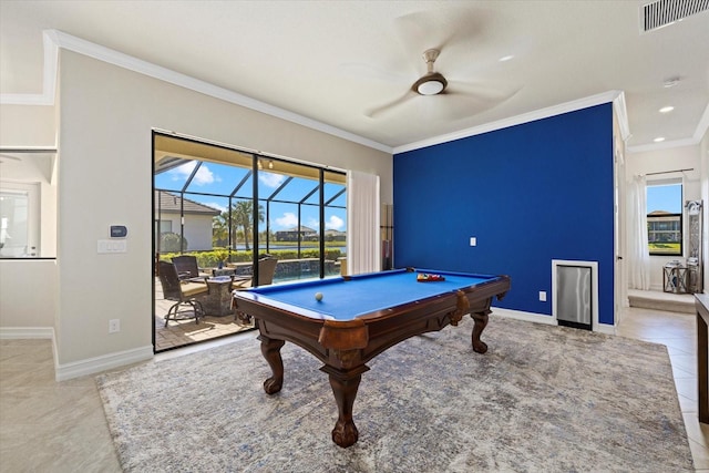 game room with pool table, ornamental molding, light tile patterned floors, and ceiling fan