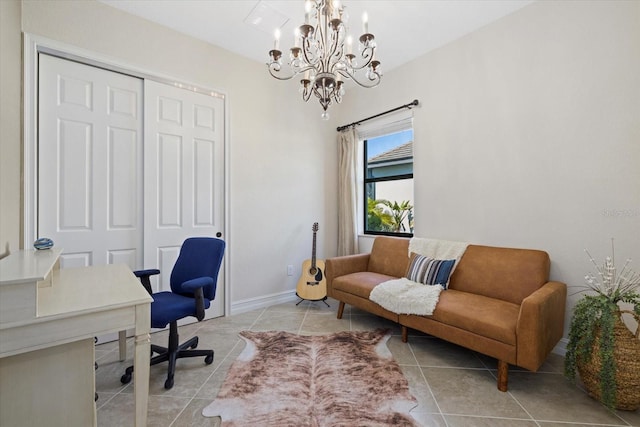 office area with light tile patterned flooring and an inviting chandelier