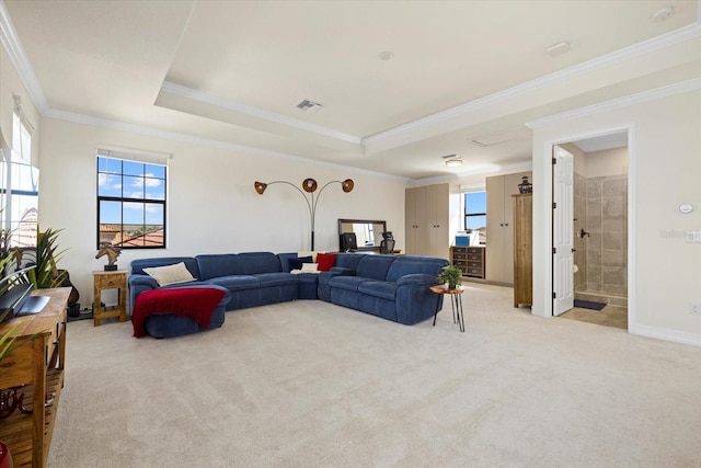 carpeted living room featuring crown molding and a raised ceiling