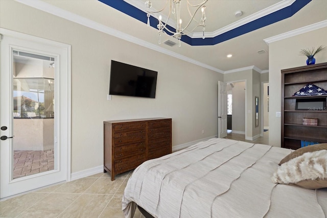 bedroom featuring a notable chandelier, ornamental molding, access to exterior, and light tile patterned floors